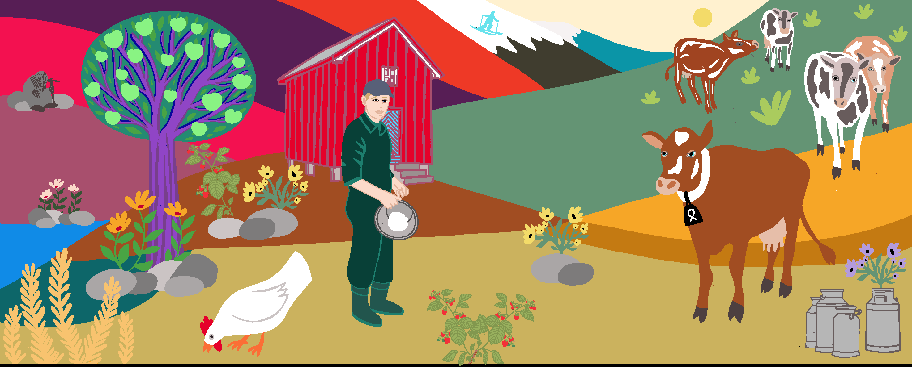 Illustrasjon av Lunke Gård med bonden, kyrne, låven og bær- og blomsterenger i Gudbrandsdalen